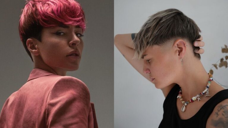 20 Minimal Tomboy Hairstyles For A Clean And Calm Vibe Two women with short tomboy hairstyles, one with a textured pink pixie and the other with a soft undercut crop and natural layers.