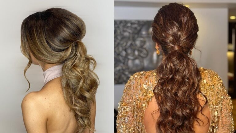 A side-by-side comparison of two elegant, voluminous ponytail hairstyles — one featuring loose blonde balayage waves and a teased crown, and the other showcasing a twisted, textured brunette ponytail with cascading curls.