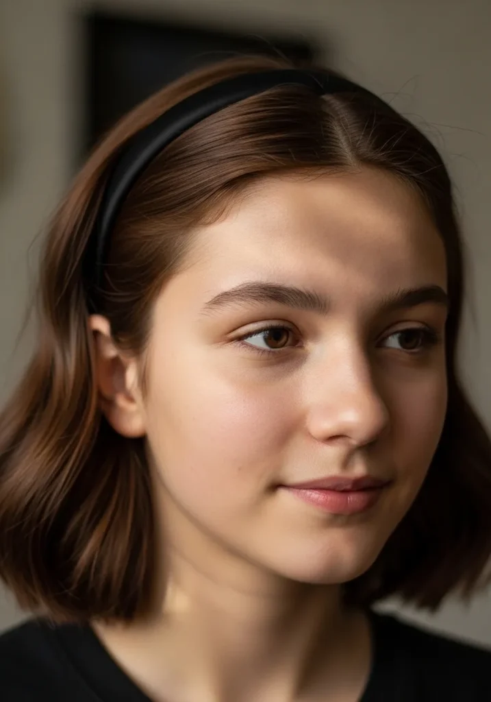 Short wavy bob with a headband holding the front sections back for a simple school look.