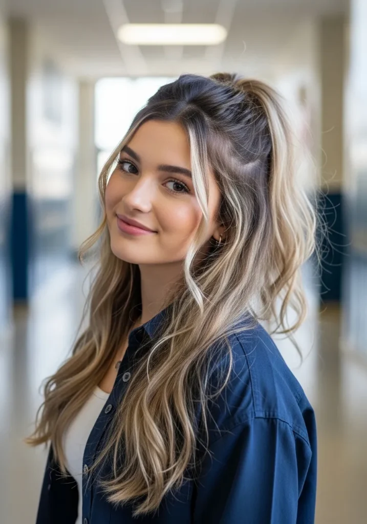 Long wavy hair styled in a half up high ponytail with soft loose waves.