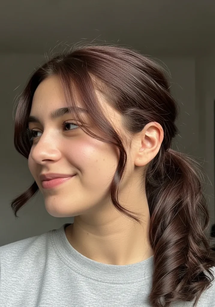 Low brunette ponytail with soft waves and loose face framing strands.