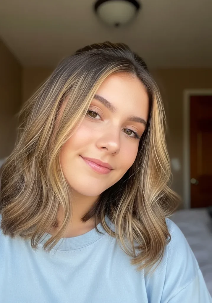 Shoulder length blonde hair styled in soft natural waves with a relaxed finish.