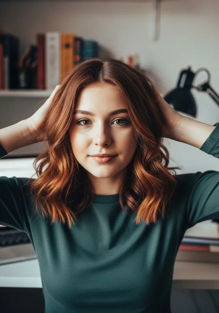 Medium length copper hair styled in loose voluminous waves with natural texture.