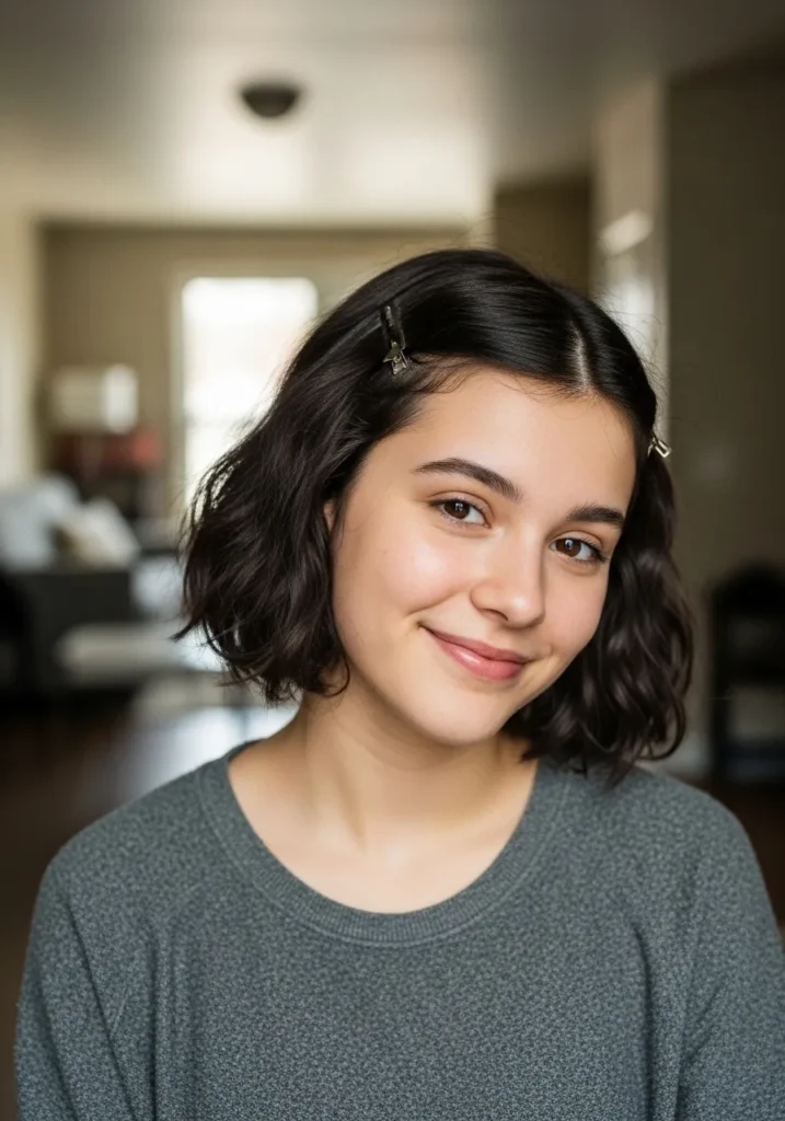 Short dark wavy bob with a side clip holding the hair back neatly.