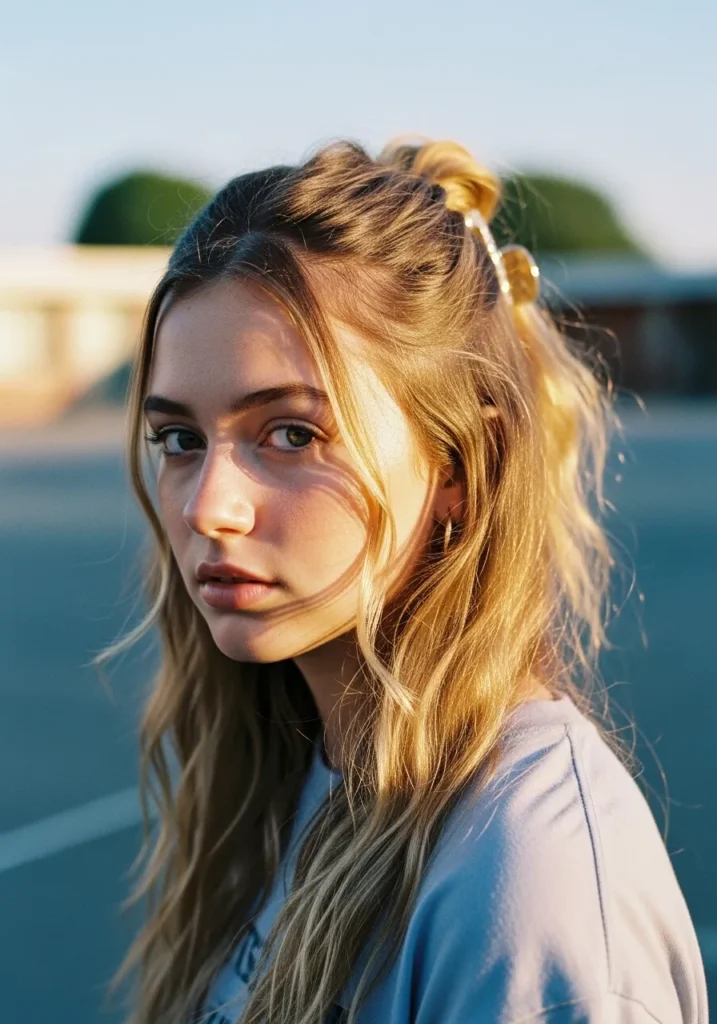 Long wavy blonde hair styled with two small half up buns and loose waves.