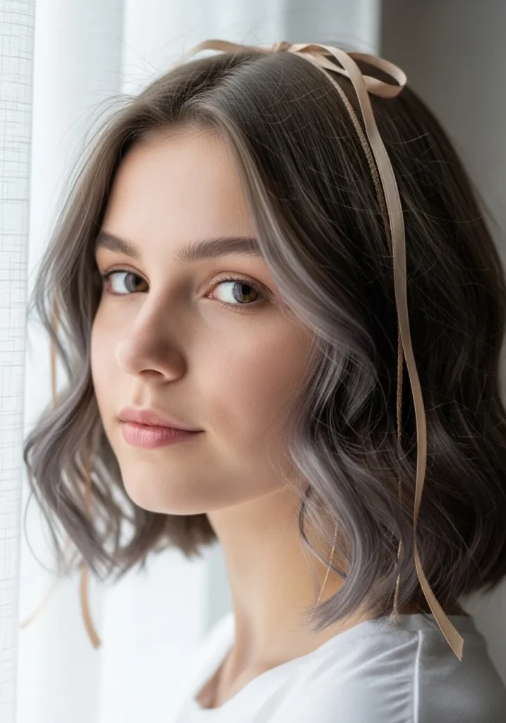 Short wavy bob with a thin headband holding the front sections back.