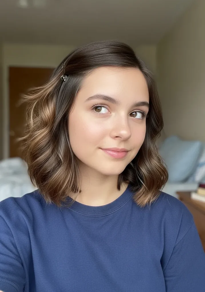 Short wavy bob with one side tucked behind the ear for a simple clean look.
