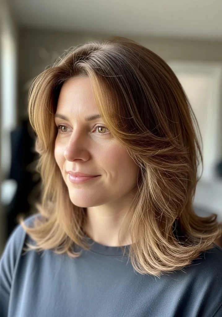 Shoulder length layered hair styled in a soft blowout with face framing volume and warm brunette tones.