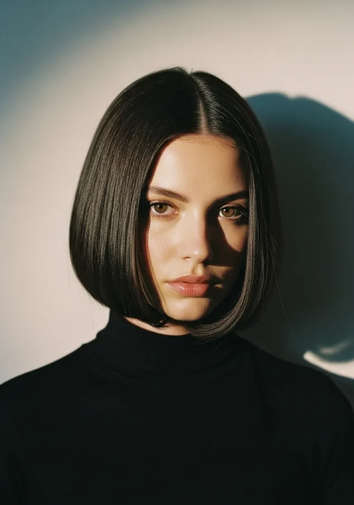 Chin length sleek bob with a center part and smooth dark glossy finish.