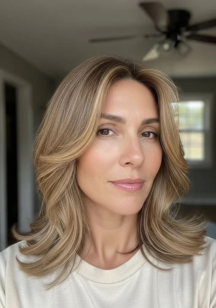 Medium length layered blonde hair with feathered ends and soft natural movement.