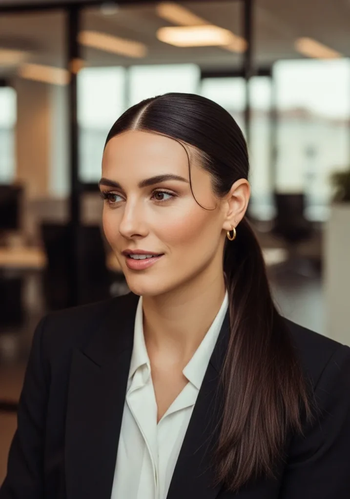 Medium length hair styled in a sleek low ponytail with a center part and smooth finish.