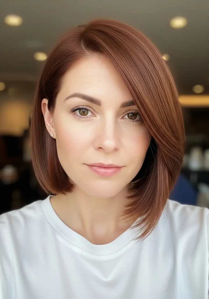 Shoulder length lob with a side part, soft layers, and smooth auburn finish.