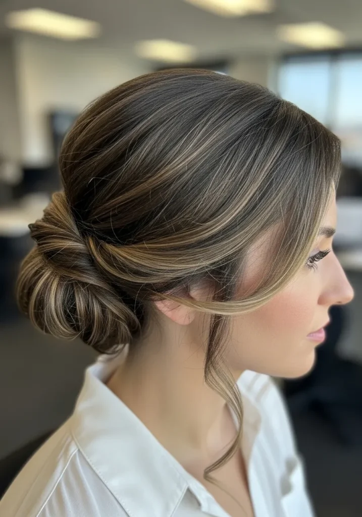 Medium length hair styled in a low twisted bun with soft volume and a polished finish.