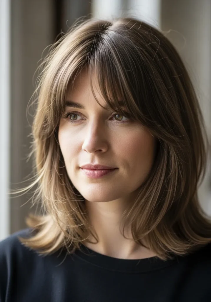 Shoulder length layered brunette hair with a wispy fringe and soft natural texture.