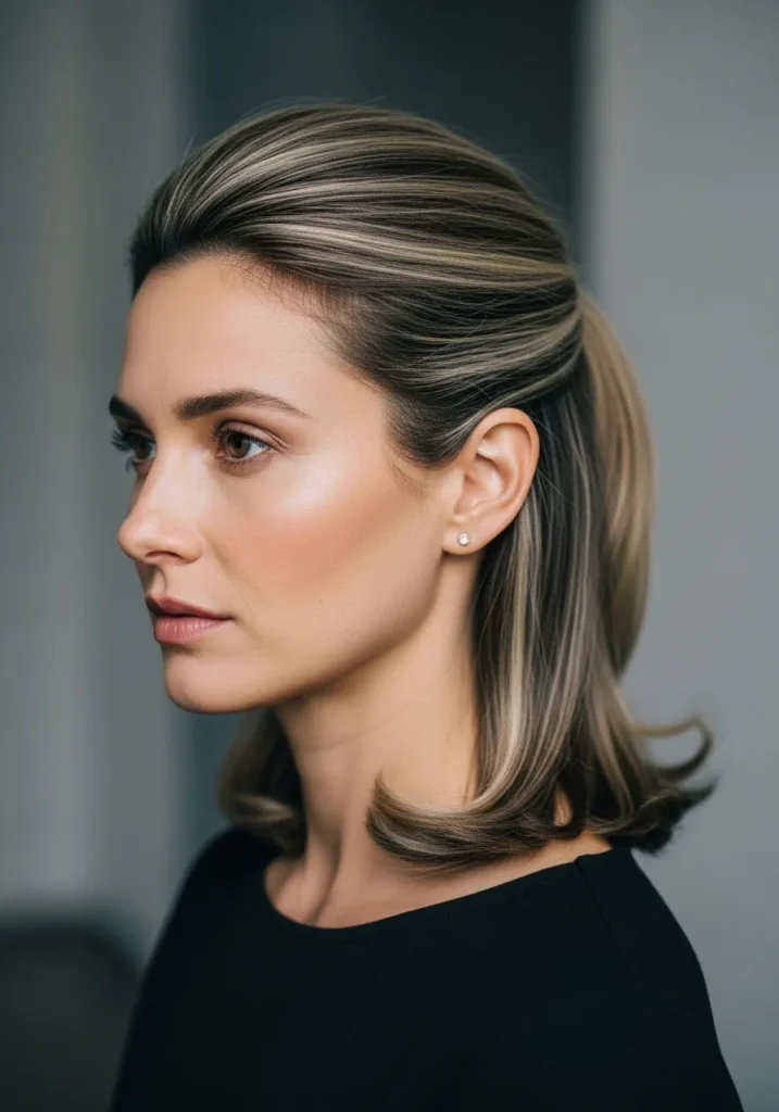 Medium length layered hair brushed back with volume at the crown and soft blonde highlights.