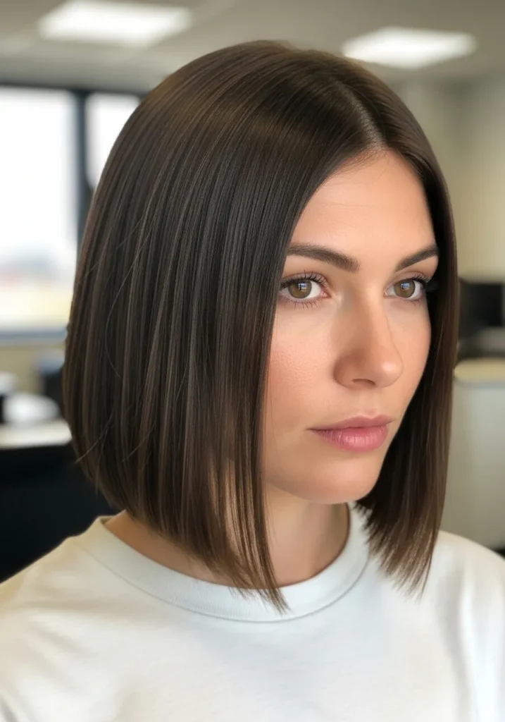 Sleek straight shoulder length lob with blunt edges and a smooth dark brown finish.