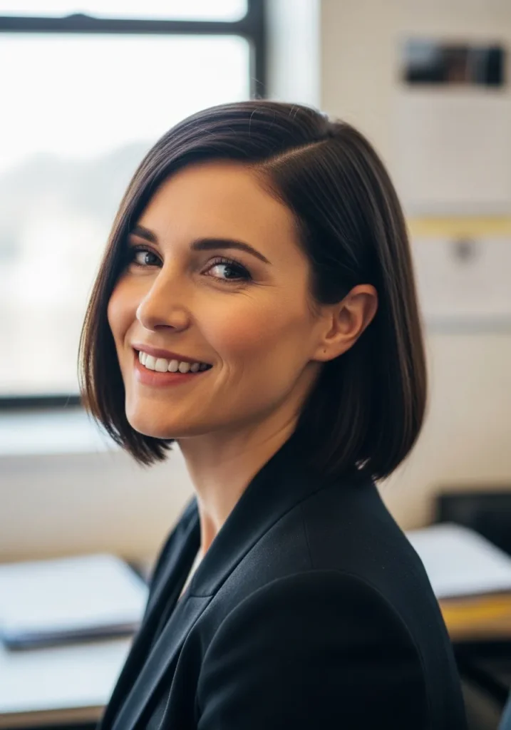 A woman with a sleek jaw length bob styled with a deep side part and smooth finish.