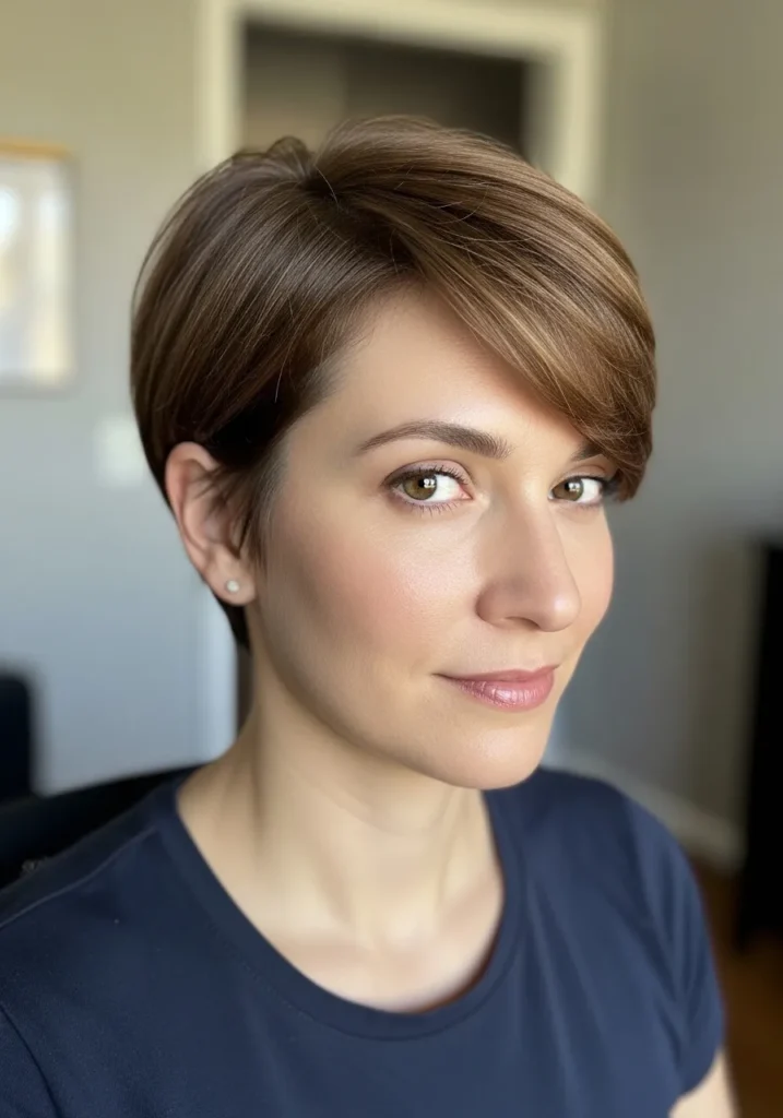 A woman with a short pixie bob haircut styled with a soft side swept fringe.