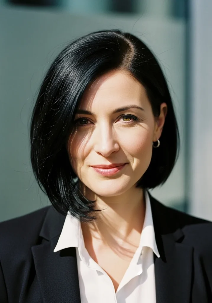 A woman with a chin length bob hairstyle with soft volume and a smooth curved finish.