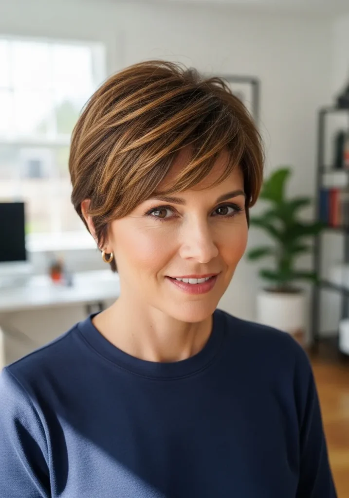 A woman with a short layered pixie haircut with warm highlights and side swept styling.