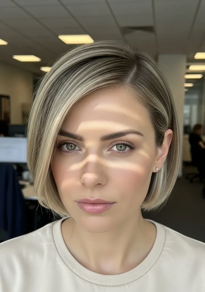 A woman with a sleek blonde bob haircut styled straight with a side part.