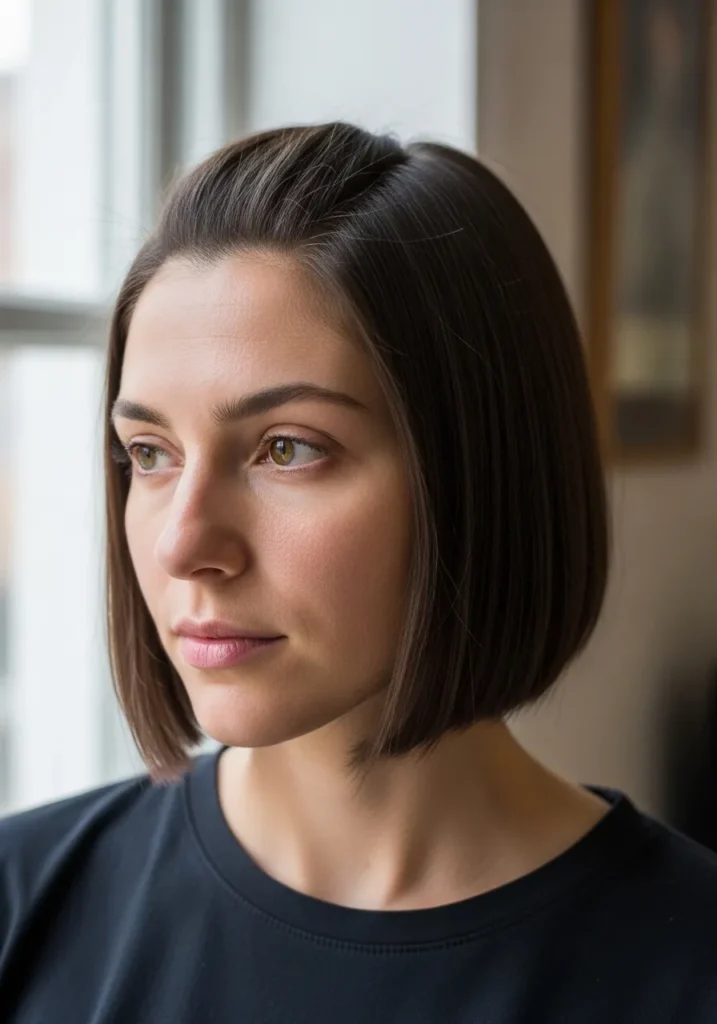 A woman with a straight jaw length bob haircut with a sharp blunt finish.