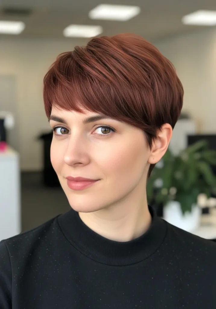 A woman with a short auburn pixie haircut styled with soft layers and light side texture.