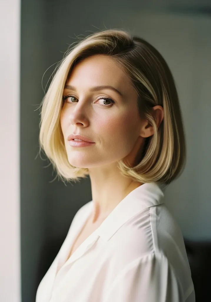 A woman with a sleek blonde bob haircut tucked behind one ear with a smooth finish.