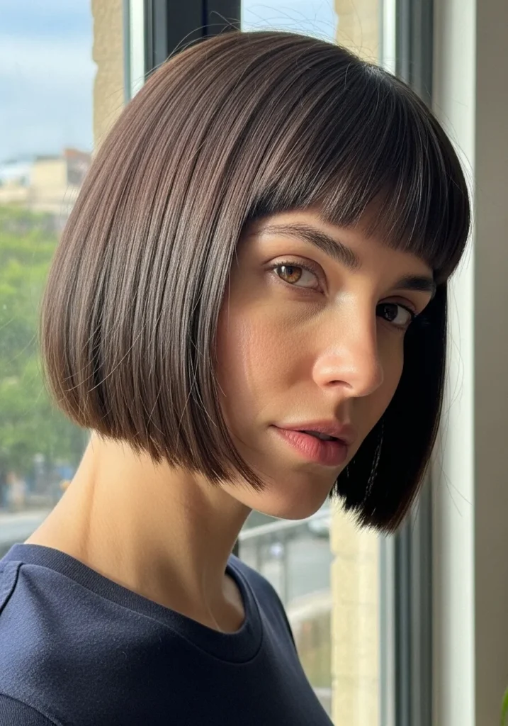 A woman with a blunt jaw length bob haircut with full fringe and a sleek finish.