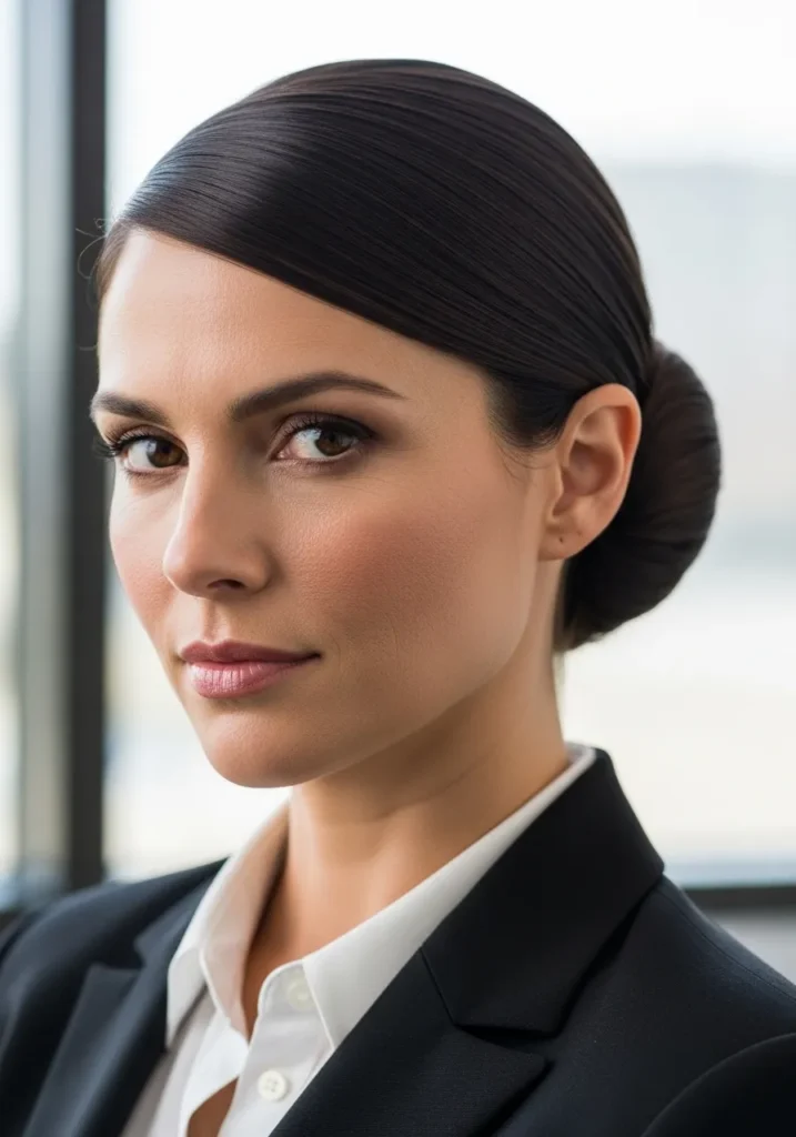 Dark hair styled into a sleek low bun with a deep side part and smooth finish.