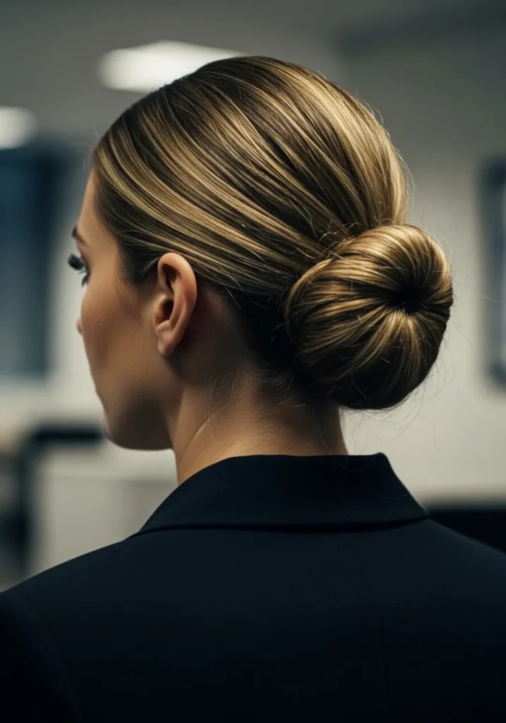 Blonde hair styled into a classic polished low bun with a smooth finish.
