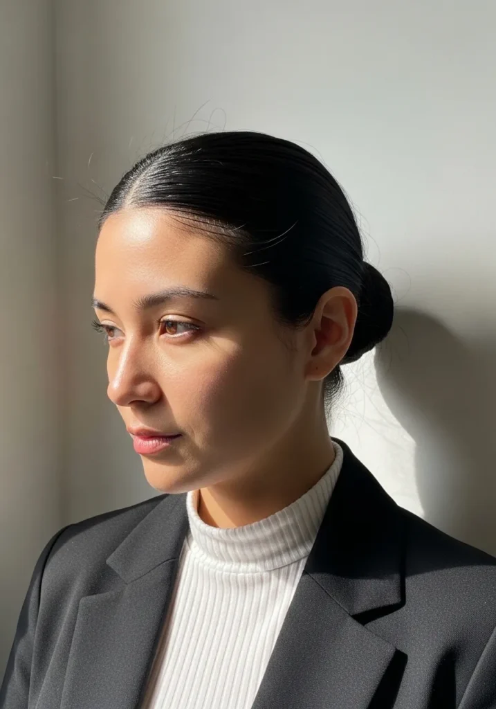 Dark hair styled into a sleek low bun with a center part and smooth texture.
