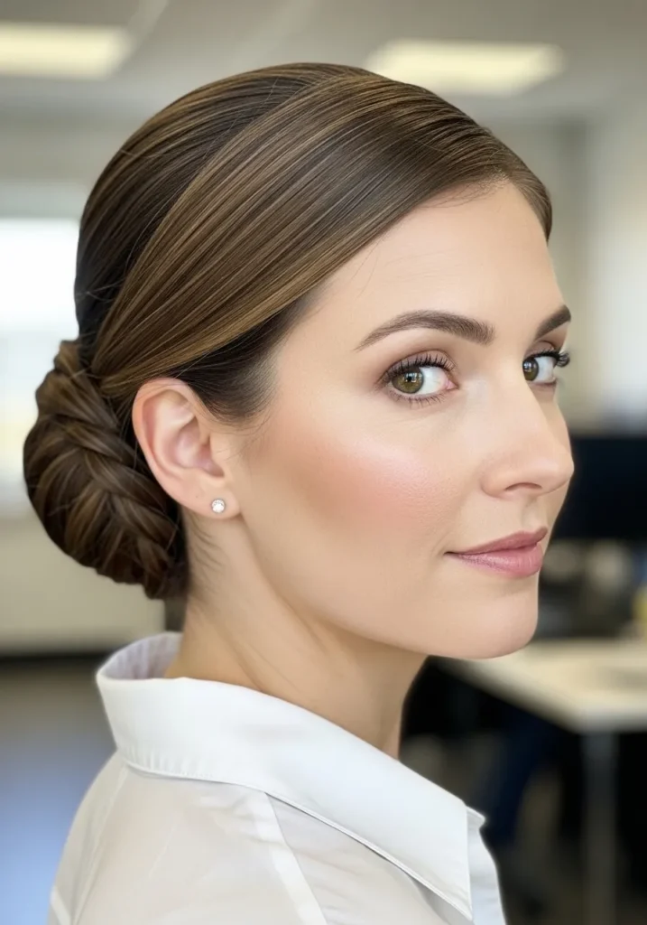 Brunette hair styled into a refined low bun with a smooth polished finish.