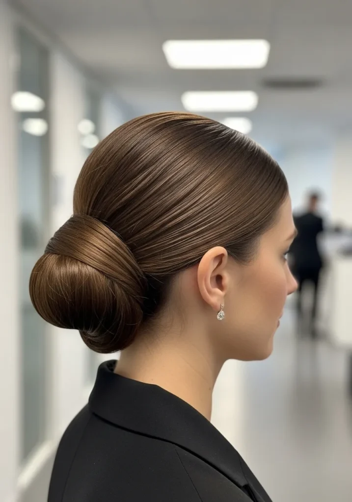 Light brown hair styled into a glossy low bun with a sleek and smooth finish.