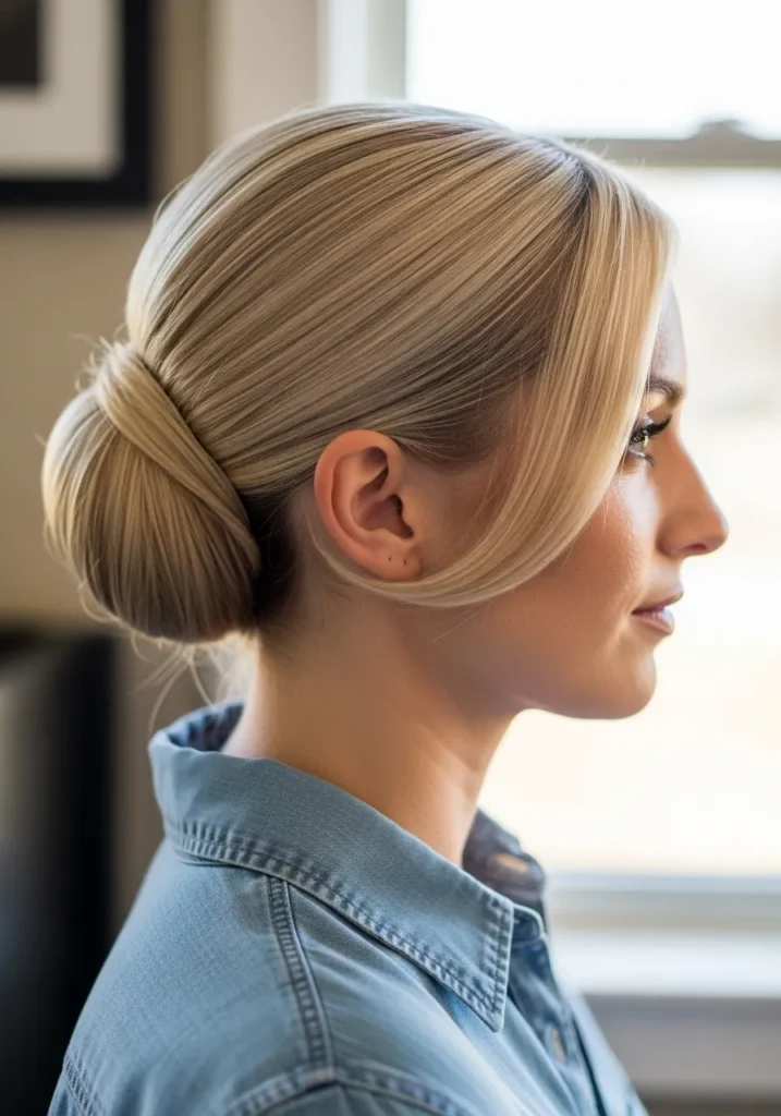 Blonde hair styled into a sleek low bun with a soft side swept front section.