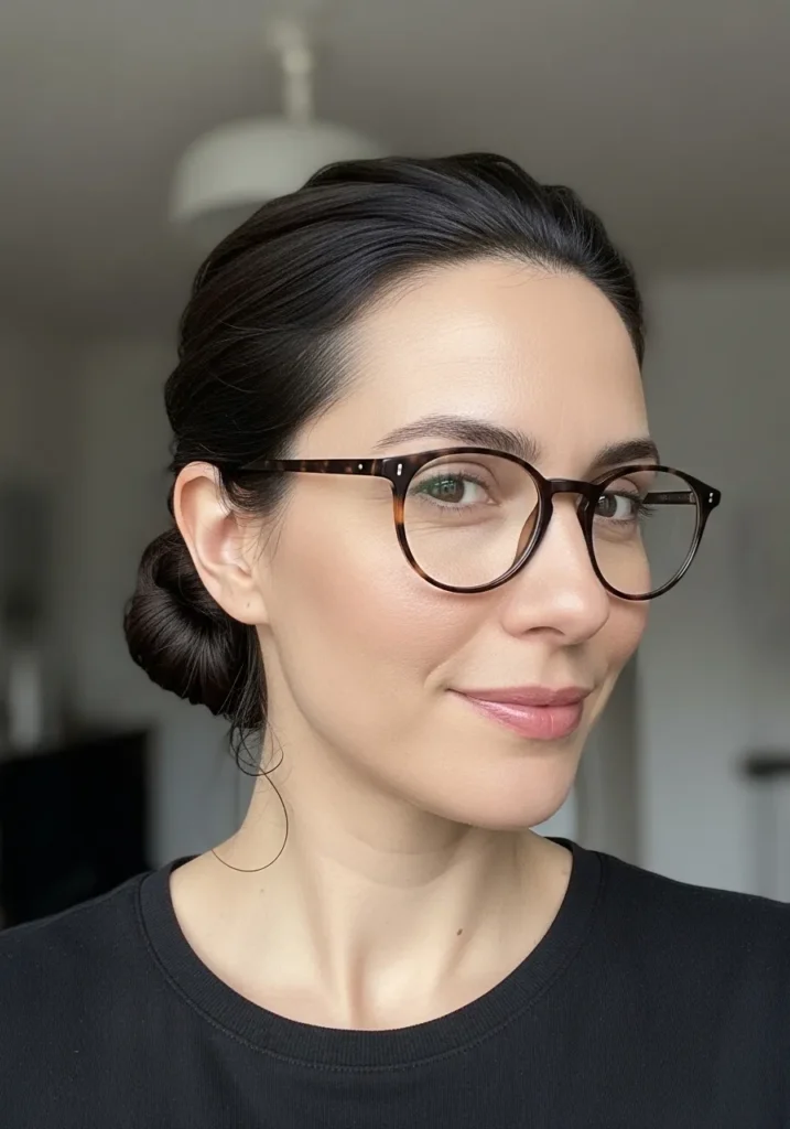 Dark hair styled into a minimalist low bun with a smooth finish, paired with glasses.