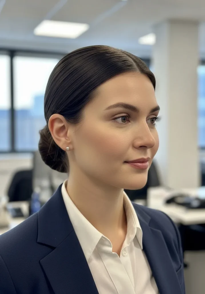 Dark hair styled into a sleek low bun with a center part and smooth finish.