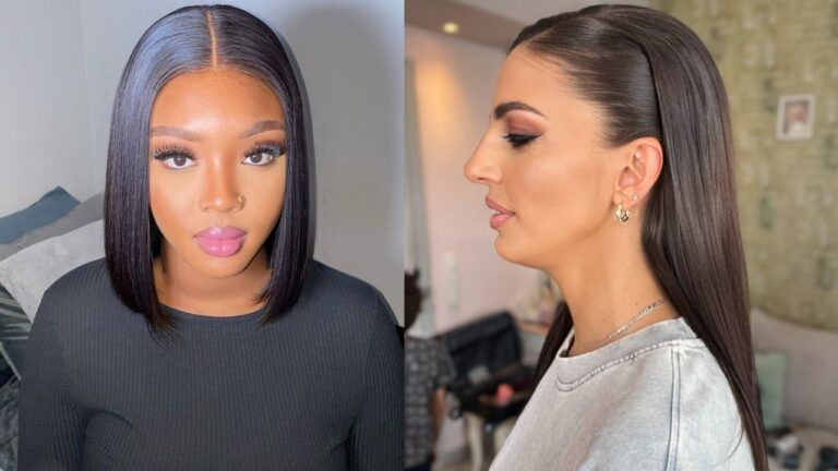 Two women showcase sleek straight hairstyles, with a long brunette cut featuring a precise middle part on the left and a smooth platinum blonde look with a sharp side part on the right.