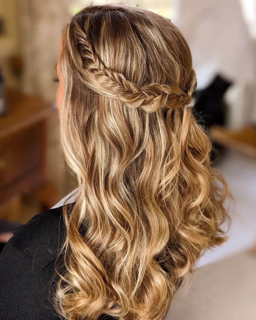 A woman with long wavy honey blonde hair in a half up style featuring a thick side braid wrapped around the back.