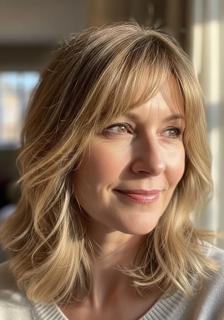 Shoulder length blonde hair with soft layers and feathered curtain bangs parted at the center.