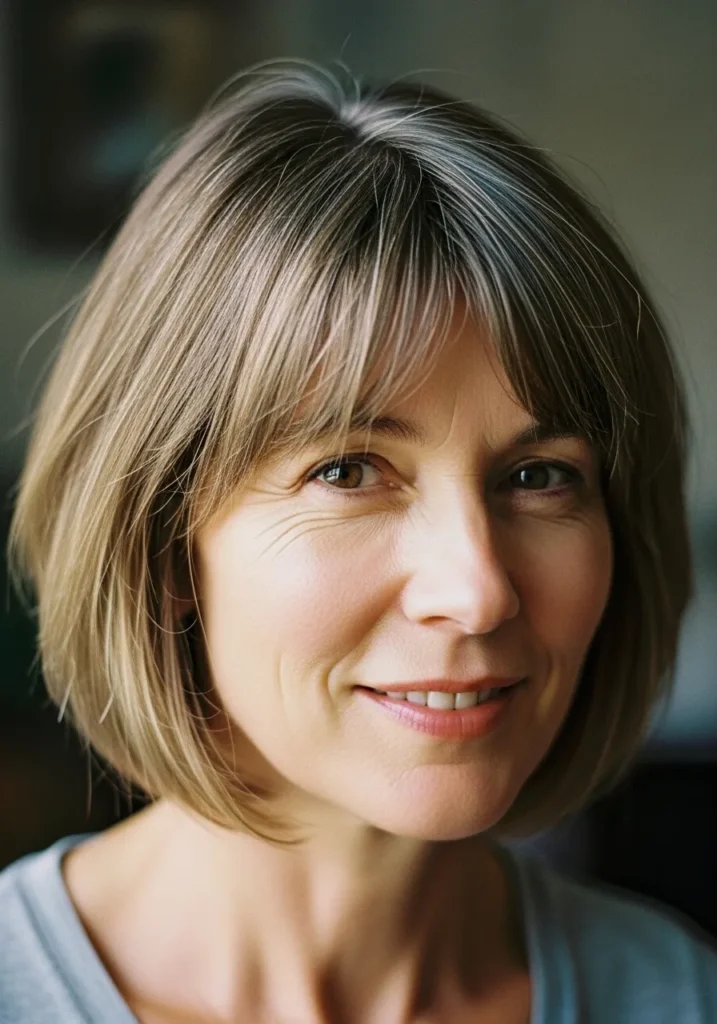 Chin length light brown bob with soft curtain bangs framing the face.
