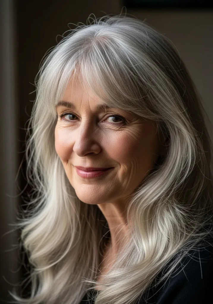 Long silver layered hair with soft flowing curtain bangs and natural texture.