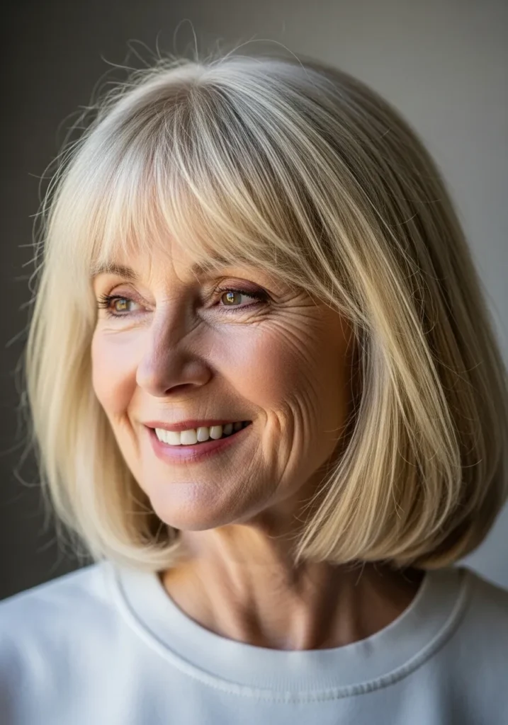 Chin length blonde bob with smooth texture and soft curtain bangs.