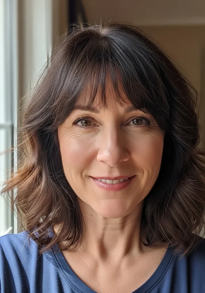 Medium length brunette hair with soft layers and wispy curtain bangs.