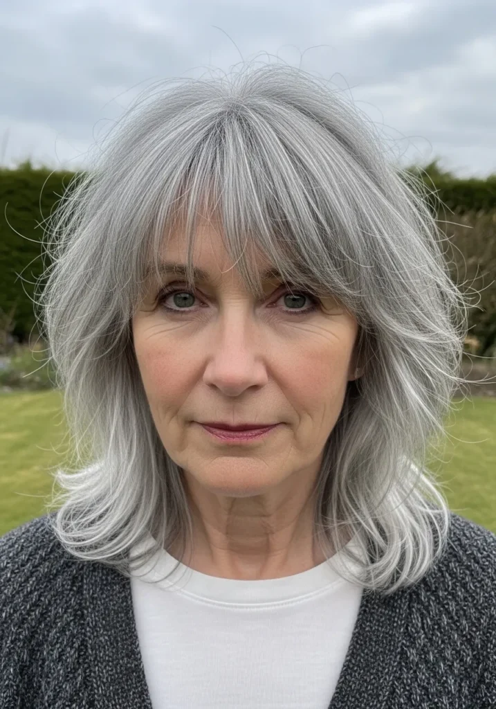 Layered silver hair with feathered texture and soft wispy curtain bangs.