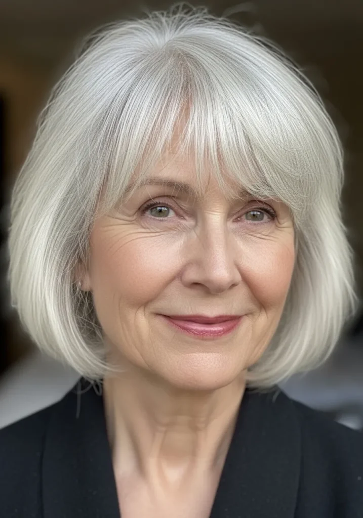 Chin length silver bob with smooth texture and soft curtain bangs parted in the middle.