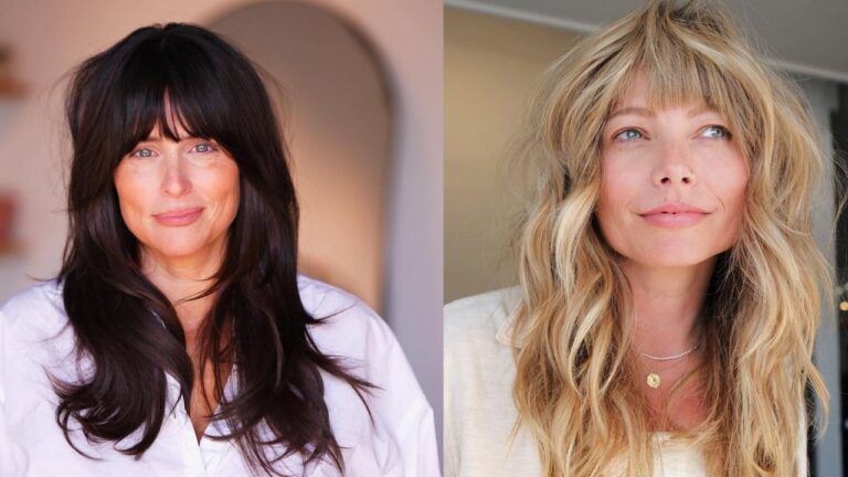 Long layered hair with soft curtain bangs, shown in both dark brunette and textured blonde styles framing the face.