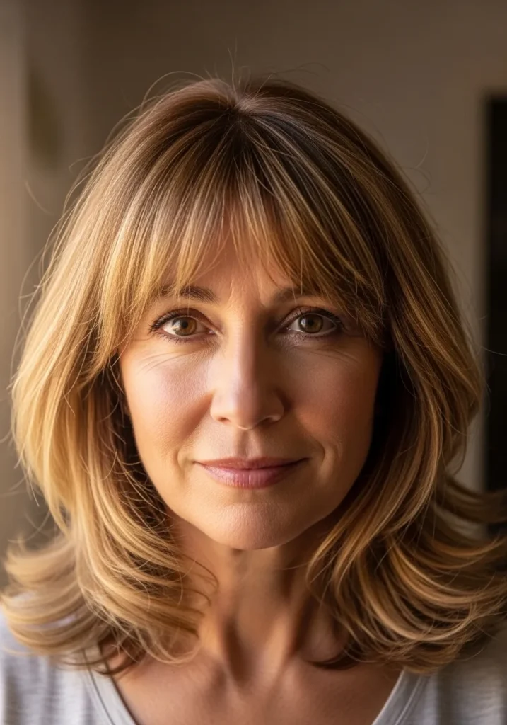 Shoulder length golden blonde layered hair with flowing curtain bangs.
