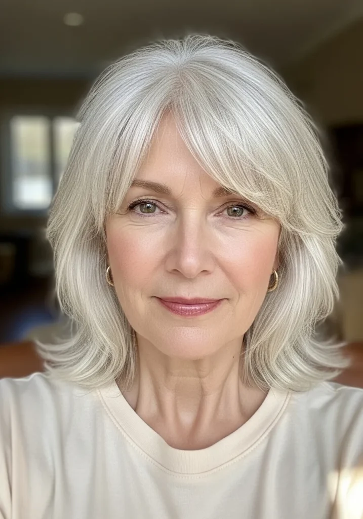 Medium length white layered hair with airy curtain bangs framing the face.