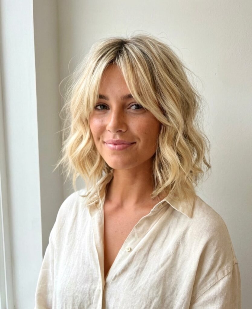 Shoulder length blonde hair with soft waves and long curtain bangs parted in the middle.